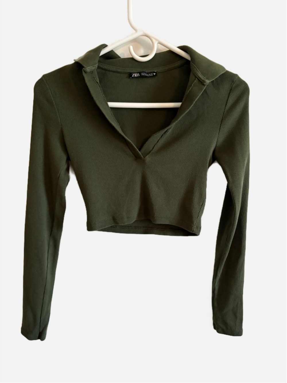 Zara Green Ribbed Collared Cop Top Long Sleeve